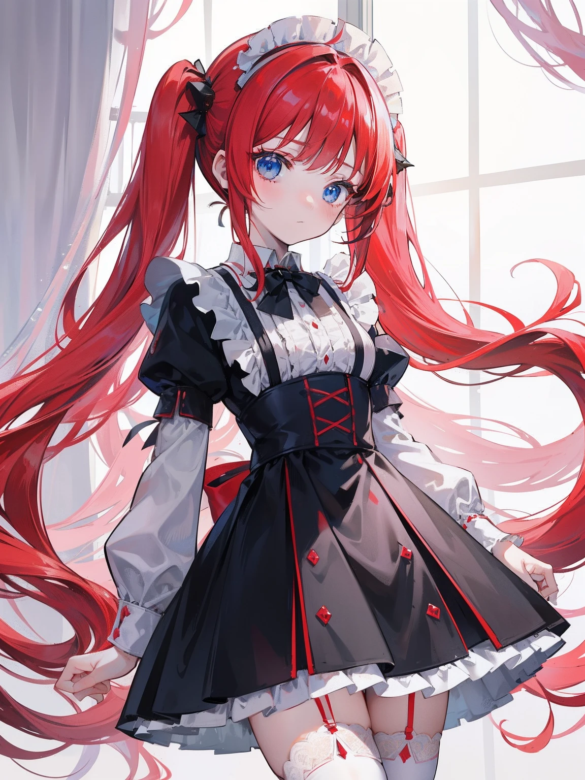 red hair,blue eyes,twintails,maid, long hair, long sleeves, gothic, solo, loli,Short skirt, white stockings,{{best quality}}, {{masterpiece}}, {{ultra-detailed}}, {illustration}, {detailed light}, {an extremely delicate and beautiful},little girl,cute,dragon horns