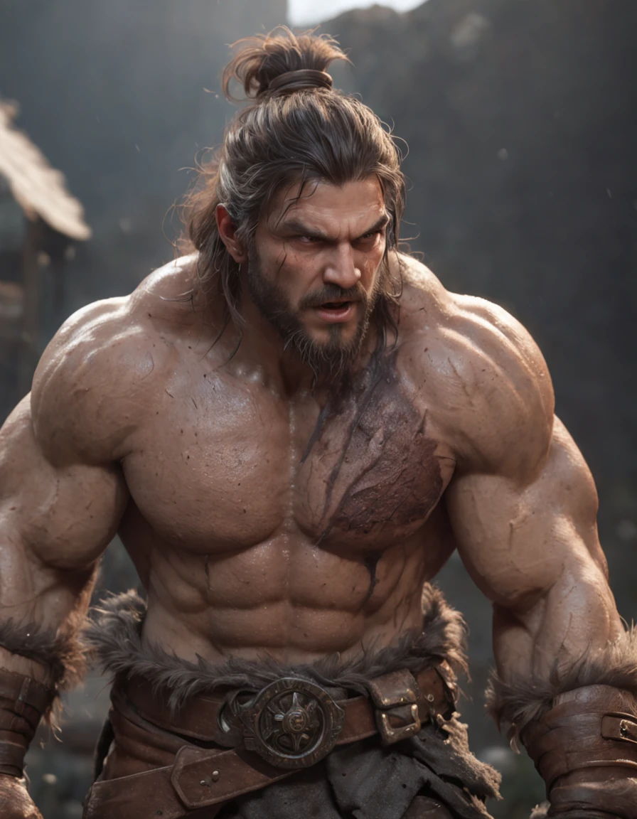 (Professional 3D Rendering:1.3) in the (Realistic:1.3) The most beautiful artwork photos in the world，Features soft and shiny male heroes, ((Epic Hero Fantasy Muscle ManRough Wet Hero Angry Long Hair Short Beard and Ferocious Expression in Dynamic Pose, fantastic location, majestic cluttered environment)), Full body 8K unity rendering, action SHOT, skin pore, Very dark lighting, Heavy shading, Detailed, Detailed face, (Vibrant, photos realistic, Realistic, Dramatic, Dark, Sharp Focus, 8K), (Old leather garments damaged by weathering:1.4), ((((Wear fur)))), (Convoluted:1.4), Decadent, (Highly detailed:1.4), Digital Painting, rendering by octane, art  stations, concept-art, Smooth, Sharp Focus, Illustration, Art Germ, (Roisch:0.23), Vlop Ilya Kuvshinov, Gregg Rutkowski and Alphonse Mucha Gracias, (Global Illumination, studio lights, volumettic light), Heavy rain, particles floating, lotr, Fantasy, elf, full body Esbian, ((Dark ancient city background:1.3)),CG Sessa,art  stations