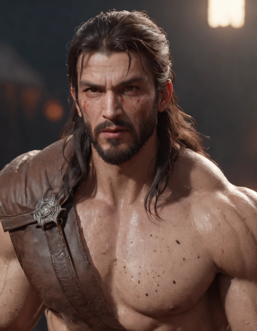 (professional 3d render:1.3) af (Realistic:1.3) most beautiful artwork photo in the world,Features soft and shiny male heroes, ((Epic hero fantasy muscle man rough wet hero angry looking long hair short beard and ferocious expression in dynamic pose, Fantastic location, Majestic cluttered environment)), Full body 8K unified rendering, action shot, skin pore, very dark lighting, heavyshading, Detailed, Detailed face, (vibrant, photograph realistic, Realistic, Dramatic, Dark, Sharp focus, 8K), (Old leather garments damaged by weathering:1.4), ((((Wear fur)))), (Intricate:1.4), decadent, (Highly detailed:1.4), Digital painting, rendering by octane, art stations, concept-art, smooth, Sharp focus, illustration, Art germ, (loish:0.23), wlop ilya kuvshinov, and greg rutkowski and alphonse mucha gracias, (Global illumination, Studio light, volumettic light), heavy rain, particles floating, lotr, fantasy, elf, full bodyesbian, ((Dark and ancient city background:1.3)),CGSesociety,art stations