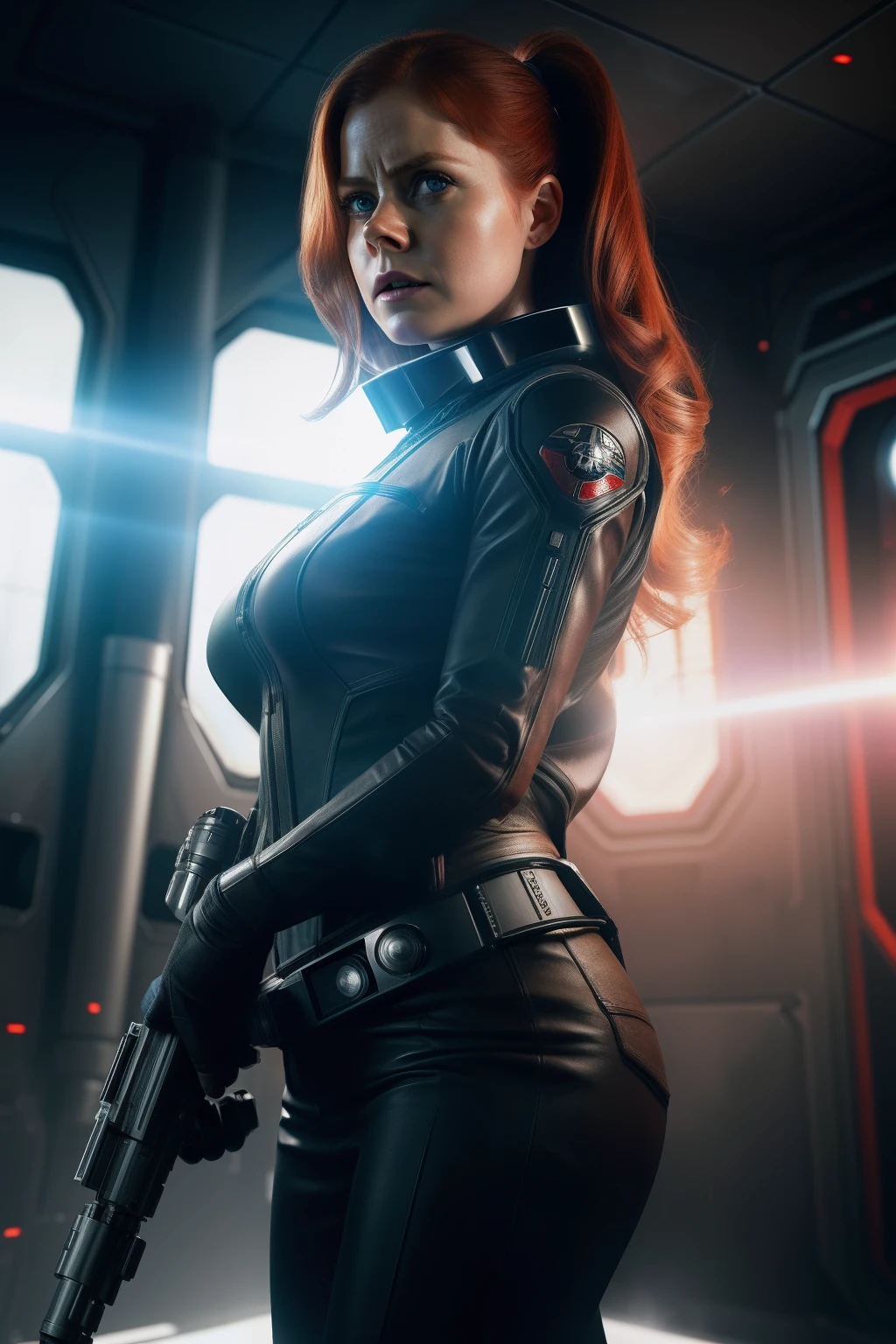 Hot terrified Amy Adams holding a sci fi blaster on Ishimura Horror Space Ship photography, natural light, photorealism, cinematic rendering, ray tracing, the highest quality, the highest detail, Cinematic, Third-Person View, Blur Effect, Long Exposure, 8K, Ultra-HD, Natural Lighting, Moody Lighting, Cinematic Lighting