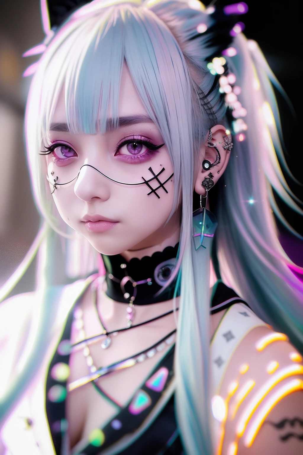 tattoo、head phone、🎧、A dark-haired、Black hair、🏴‍☠️、skull、☠️、Green hair color、❤️、Pink hair、blue hairs、Colorful Hair Color、goth_punk, 1girl in, 独奏, medium shot, Walking in Harajuku, ((during night)), bokeh dof, Neon light, Iridescent eyes, starrysky, White shiny hair, White eyebrows, Radiant hair, (iridescent white hair), 耳Nipple Ring, bangss, jewely, masks, bluntbangs, verd s eyes, Mouth mask, blurry backround, bblurry, hair adornments, Look at viewers, shorth hair, portraitures, side locks