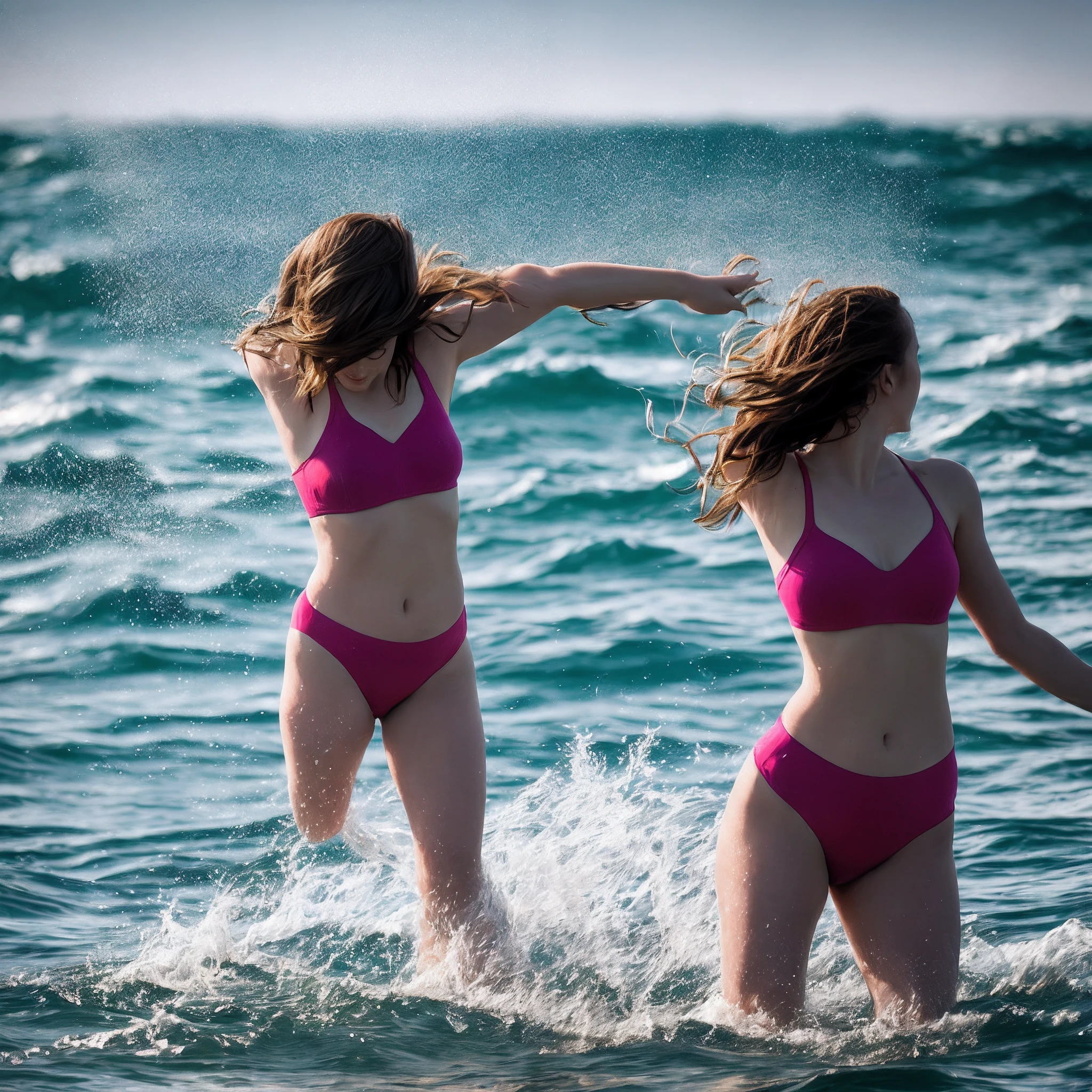 "A hyper realistic, Ultra-detailed photograph of a woman dancing freely on ocean waves. Ella es capturada a mitad del movimiento con desenfoque de movimiento, Brazos levantados, cuerpo completo en marco. Shooting outdoors in natural light with a Sony Alpha a9 II and Sony FE 200-600mm f camera/5.6-6.Teleobjetivo 3G. Perfect sharp focus, colores vibrantes, cinematic atmosphere. 3:2 Aspect ratio, Size 750px.»