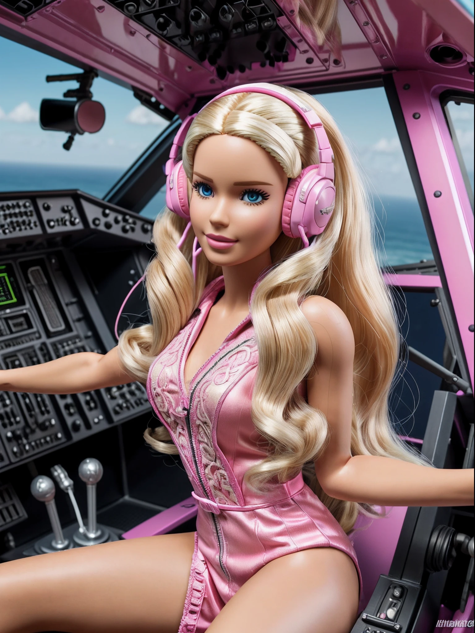 Barbie, Pink jumpsuit, Long Blonde Hair, Wavy Hair, Sitting in the cockpit of a fighter, Lots of instruments, Holding a control stick, headset on head, Intricate details, Detailed legs, Detailed hand,(8K, 16 K, Super Detail), high details, Best Quality:1.2, hight resolution, High quality, masutepiece:1.4