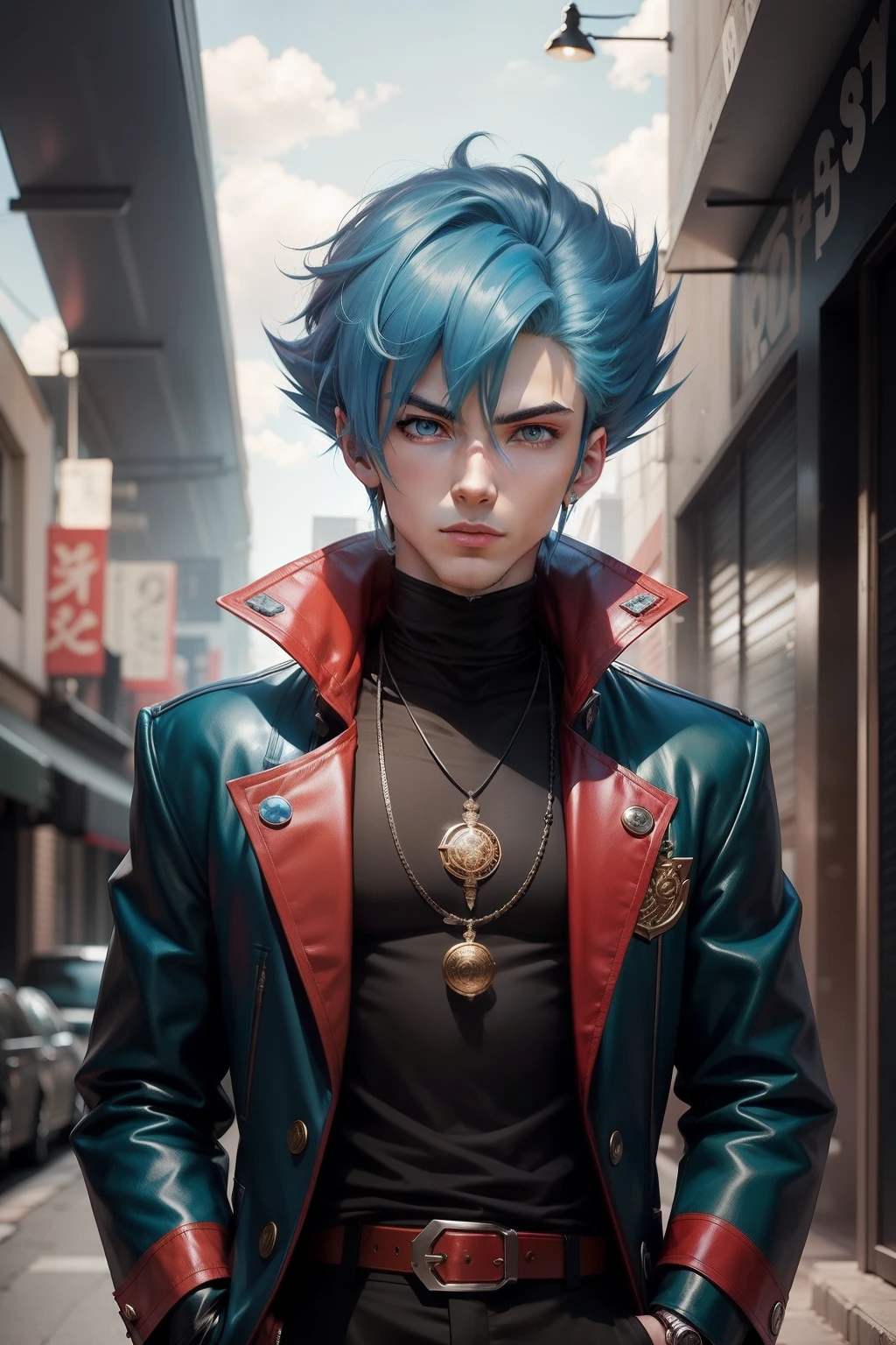 Anime, male, cool, portrait, model, style, man, boys, characters, yugioh, duelist, light blue hair, red streaks, long coat, black pants