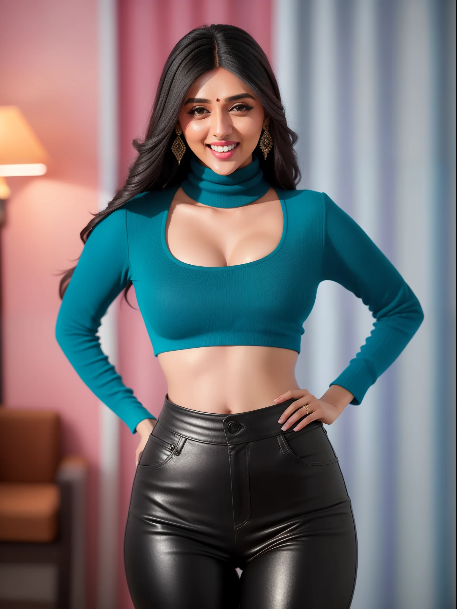 a photo of a 25-year-old woman,  {{cute pranalira}}, laughing, blue turtleneck top, leather pants,Kodak Portra 400 Camera F1.6 shots, Rich colors, ultra-realistic vivid textures, Dramatic lighting, Unreal Engine Art Station Trend, cinestir 800