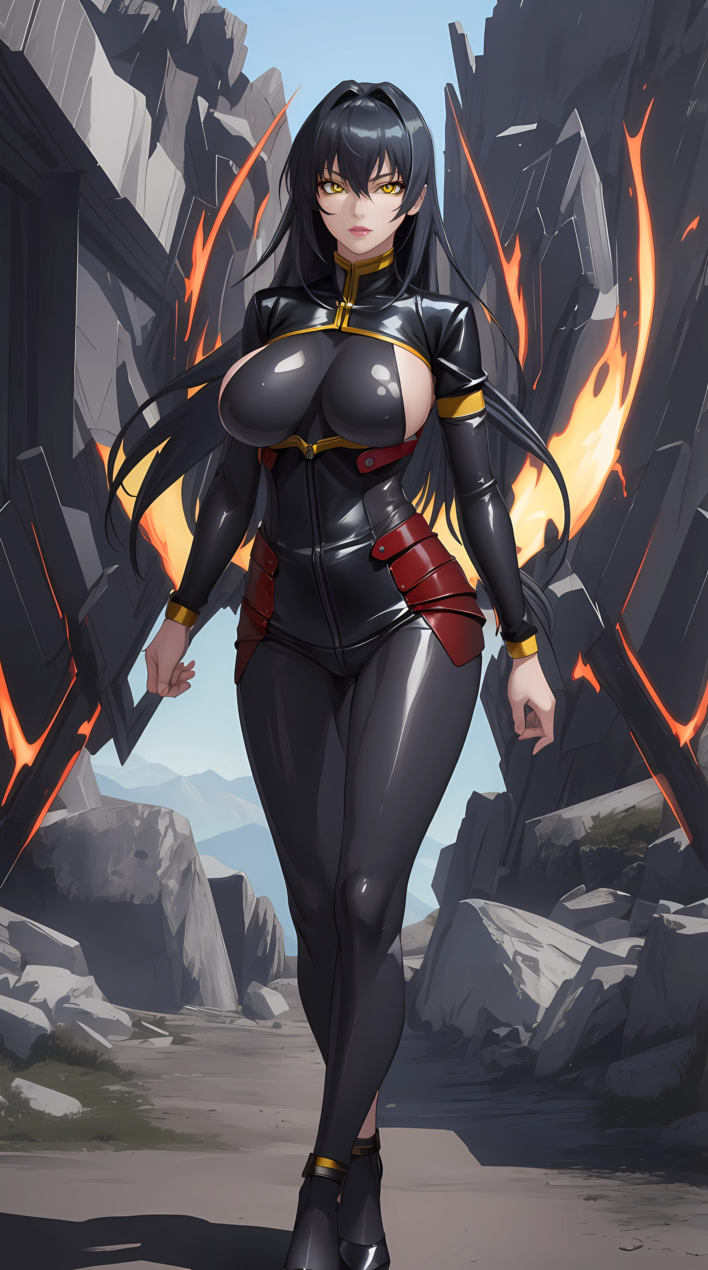 Annerose, 1girl, female mature, black hair, long hair, yellow eyes, large breasts, skin tight, hair intakes, (exquisite character details, beautiful lips, beautiful yellow eyes, beautiful face, beautiful and properly clothed), extremely detail unity 8k wallpaper, (solo:1.5), extremely detail background, stand on the edge of high mountain with day sky view, (bodysuit, fully suited, closed clothes)