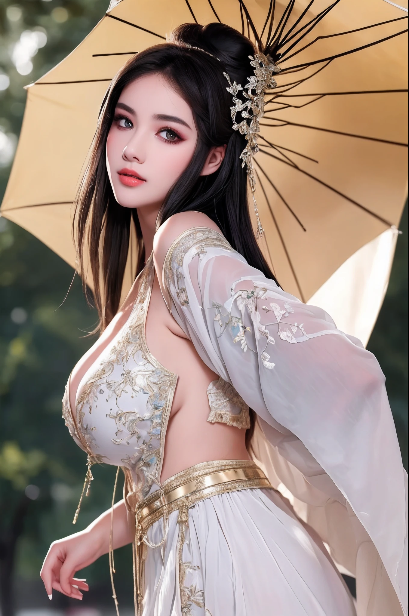 ((Best Quality, 8k, Masterpiece: 1.3)), Focus: 1.2, Perfect Body Beauty: 1.4, Buttocks: 1.2, ((Layered Haircut)), (Wet Clothes: 1.1), (Rain, Street:1.3), (Breasts: 1.2), (Hanfu: 1.2), Bare Shoulders, Bare Legs, Highly Detailed Face and Skin Texture, Fine Eyes, Double Eyelids, Whitened Skin, Long Hair, (Shut Up: 1.5), (Bokeh Background: 1.5), Big Breasts