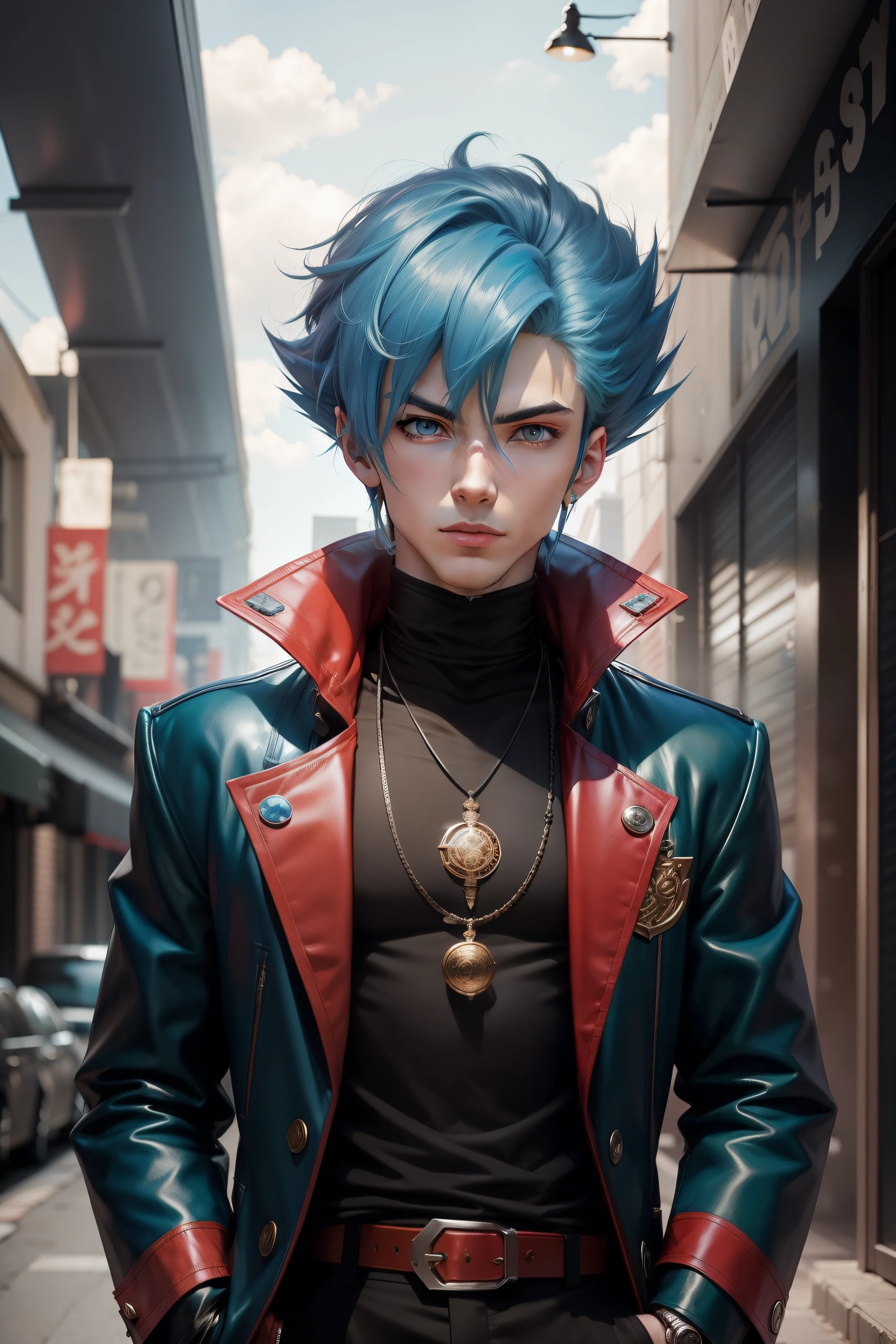 Anime, male, cool, portrait, model, style, man, boys, characters, yugioh, duelist, light blue hair, red streaks, long coat, black pants