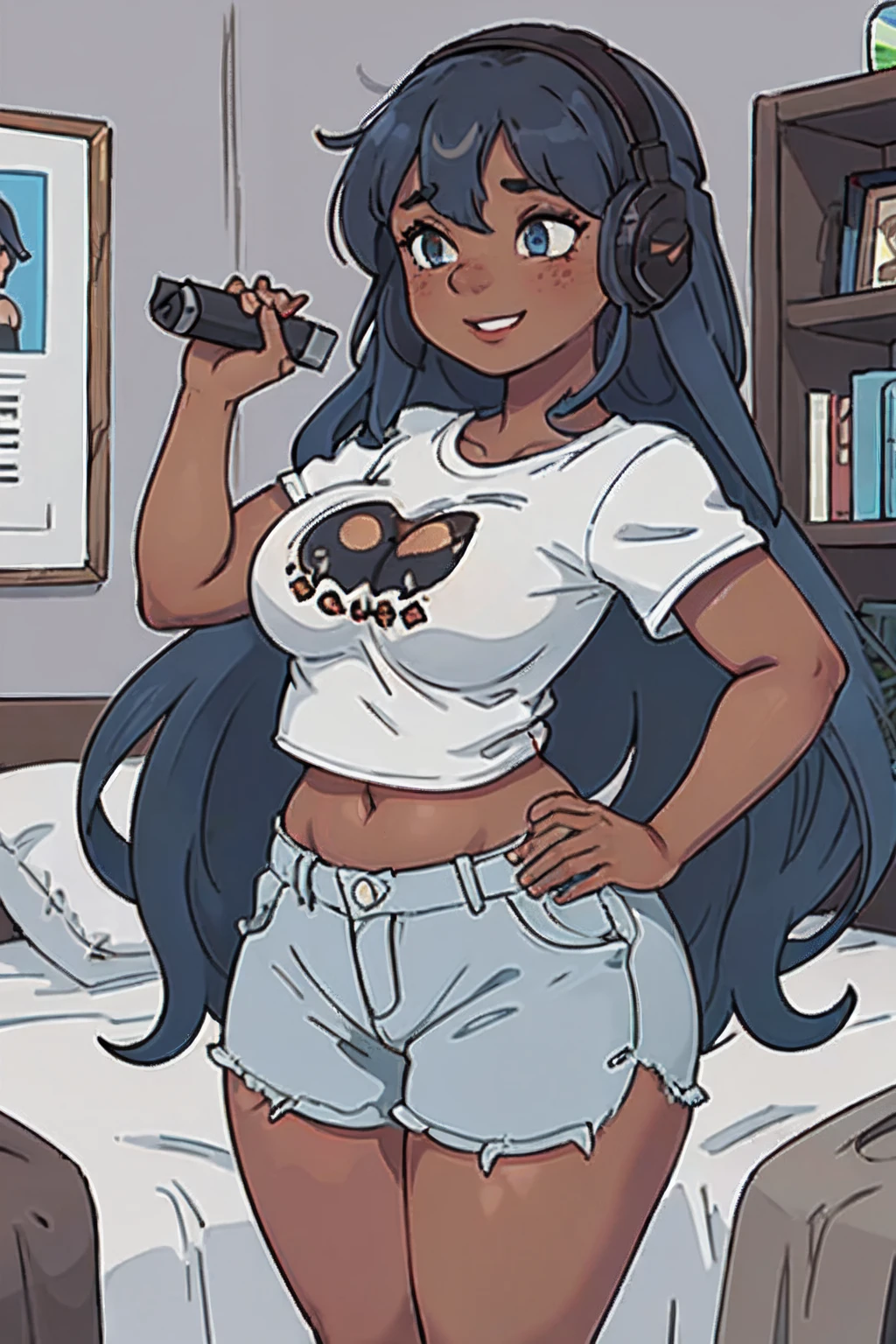 (1girl: 1.5), ((solo)), (dark skinned:1.8), goblin_girl, (azure_blue_hair: 1.8), very long hair, wide body, (small stature:1.6), (huge breast:1.6), hair between eyes, wide hips, blue eyes, mole, mole on chest, age up, lips, big lips, big noise, thick eyebrows, (chubby:1.5), smile, freckles, bedroom, headphones, casual clothes, t-shirt, blue bed