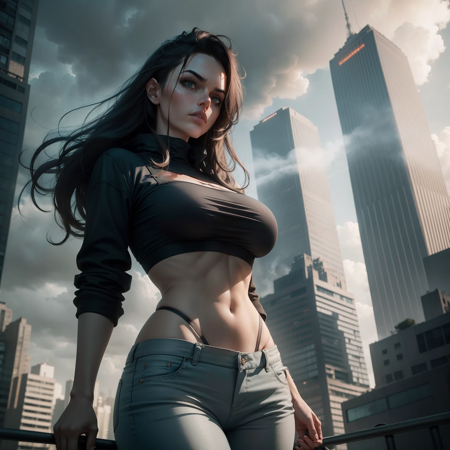 A towering giantess dressed in a cool laid-back hippie style is swinging a crop top and loose pants. Her toned and athletic figure hints at her great strength. She seems to wander carelessly through the bustling cityscape of GTS City, with towering buildings looming overhead. Smoke and clouds rage around her, adding to the epic sense of scale and drama. The lighting is dark, gloomy, and realistic, creating a tense and ominous atmosphere. From below, the perspective emphasizes the pure majesty and power of the giantess.