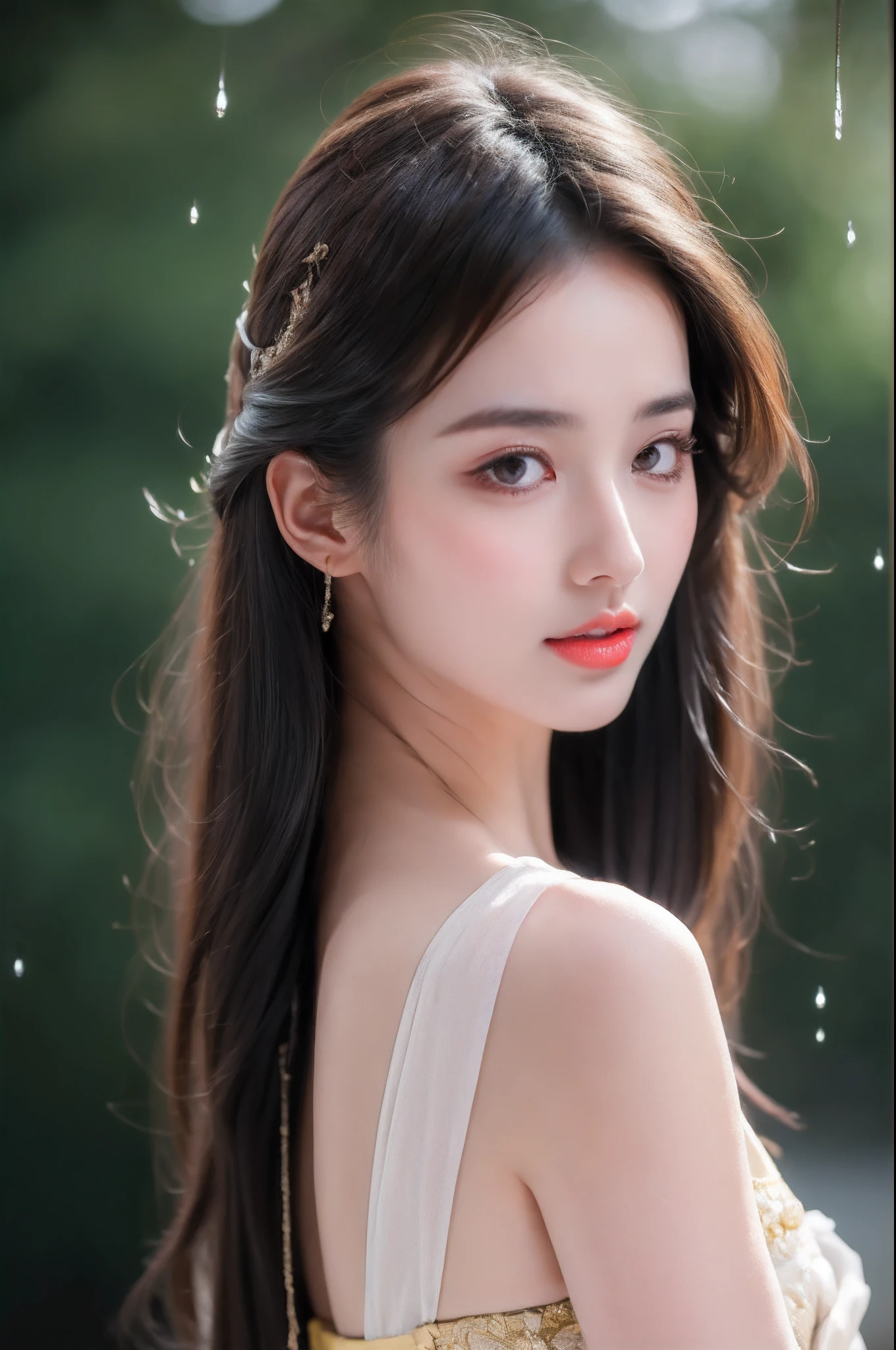((addielyn, wearing glass, black hair)), Random posture, (An extremely delicate and beautiful work), (masterpiece), 1girl, extremely detailed elegant wedding dress, tiara, highly detailed, ponytail contorted, charming expression, beautiful and clear eyes, green eye pupil, delicate necklace, delicate earrings, simple blurred background, extreme detail description, beautiful, charming, ultra-fine painting, delicate face, delicate figure, Fine collarbones, lovely lips, soft behind, mix4,(8k, RAW photo, best quality, masterpiece:1.2), (realistic, photo-realistic:1.37),1girl,cute,cityscape, night, rain, wet, professional lighting, photon mapping, radiosity, physically-based rendering, above waist,