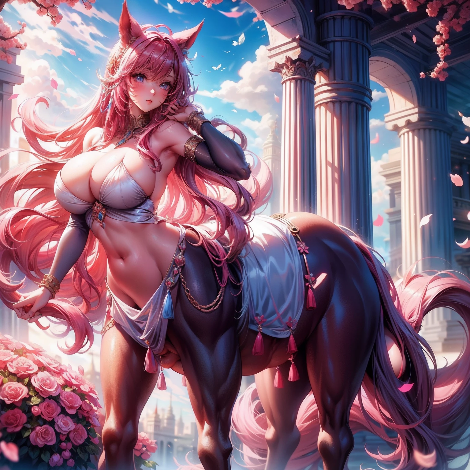 centaur horse，Beautuful Women，huge tit，nakeness， and wear no underwear，Cover your breasts，Long legs，