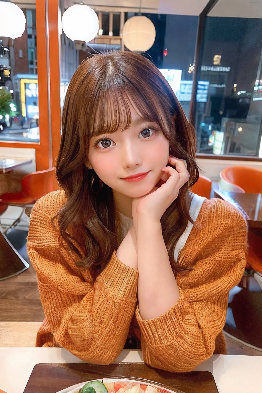 Best Category - Visual Arts: 23 year old woman with cute eyes, Brown hair、Gazing admiringly at dinner table with mid-haired New York City in the background. The scene is a red and orange color scheme, Gives a warm and lively atmosphere."The highest resolution、、date、Dating a man、Cute clothes、