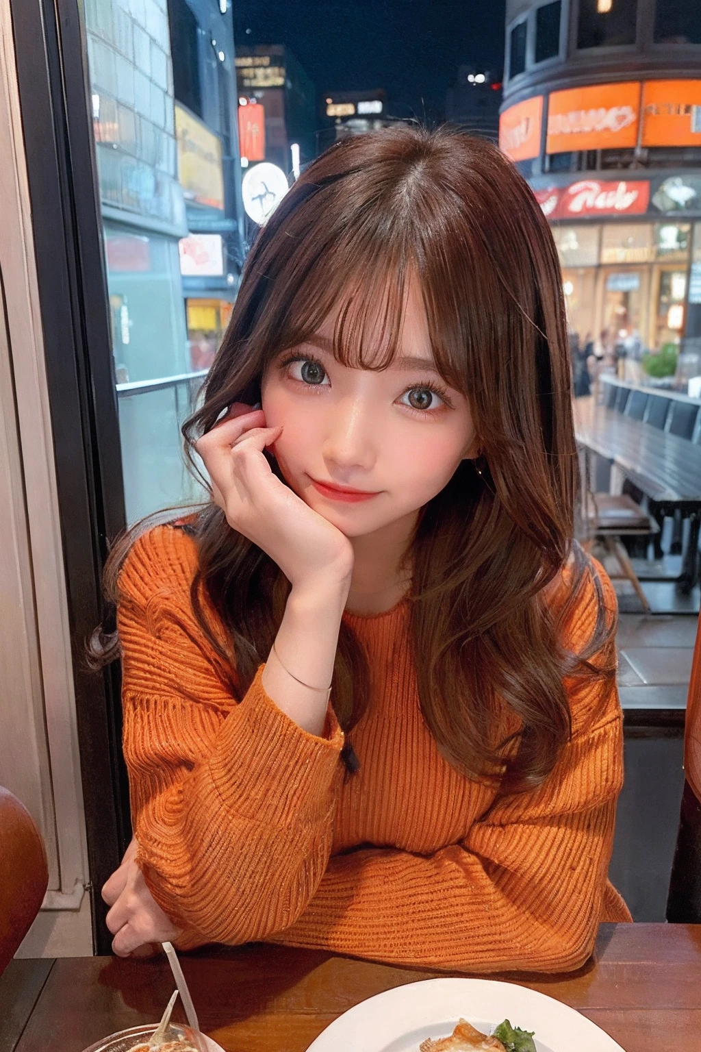 Best Category - Visual Arts: 23 year old woman with cute eyes, Brown hair、Gazing admiringly at dinner table with mid-haired New York City in the background. The scene is a red and orange color scheme, Gives a warm and lively atmosphere."The highest resolution、、date、Dating a man、Cute clothes、