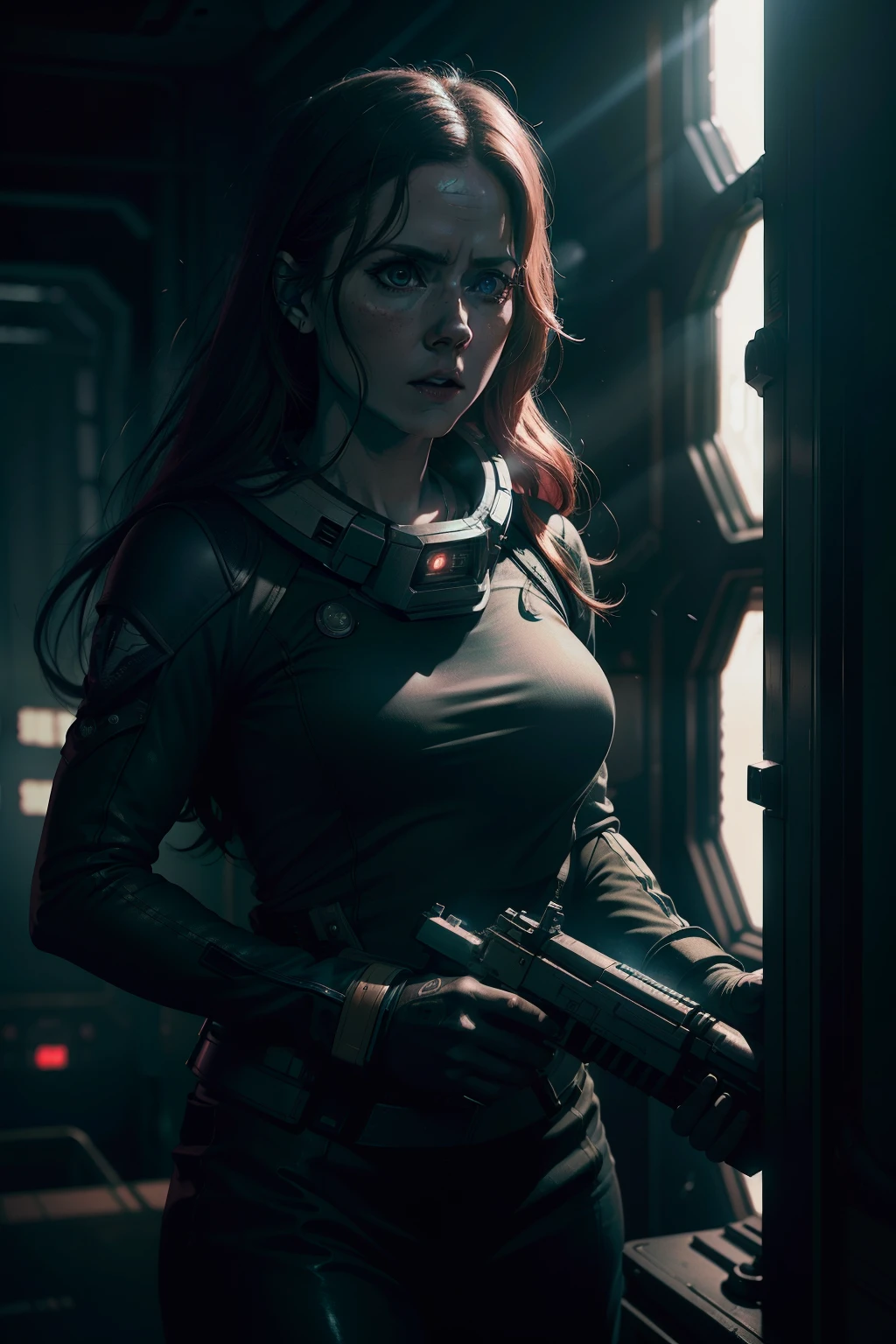 Hot terrified Amy Adams holding a sci fi blaster on Ishimura Horror Space Ship photography, natural light, photorealism, cinematic rendering, ray tracing, the highest quality, the highest detail, Cinematic, Third-Person View, Blur Effect, Long Exposure, 8K, Ultra-HD, Natural Lighting, Moody Lighting, Cinematic Lighting