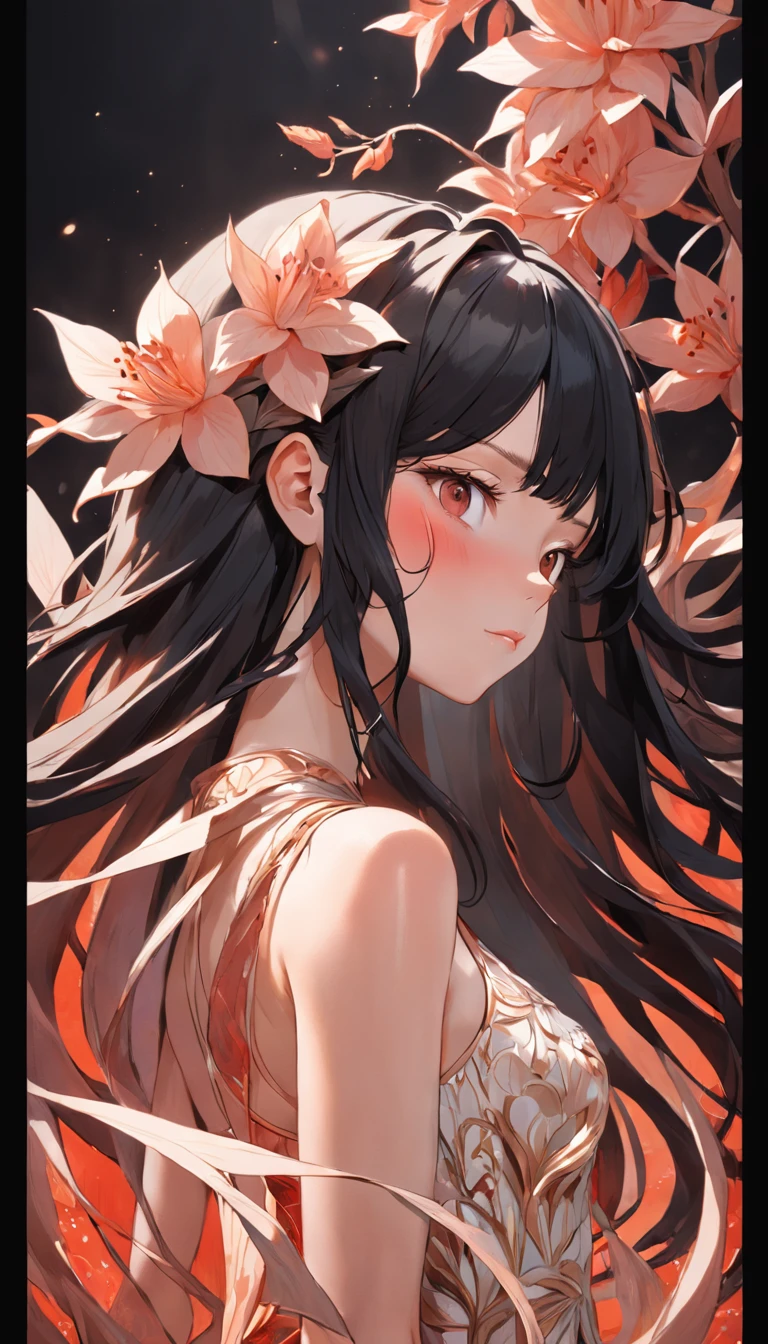 (beauty side face,long black hair,closing eye,Naked shoulders,red blush,Brown-skinned,Masterpiece Narcissus,Iridescent background, (Illustration:1.2,paper art:1.2, Zentangle, 3d rendered),(Best Quality, high detal, masutepiece, Cinematic lighting, 4K, Chiaroscuro)