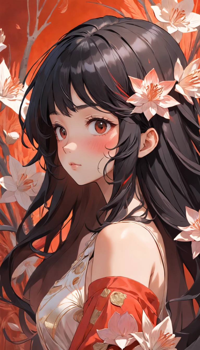 (beauty side face,long black hair,closing eye,Naked shoulders,red blush,Brown-skinned,Masterpiece Narcissus,Iridescent background, (Illustration:1.2,paper art:1.2, Zentangle, 3d rendered),(Best Quality, high detal, masutepiece, Cinematic lighting, 4K, Chiaroscuro)
