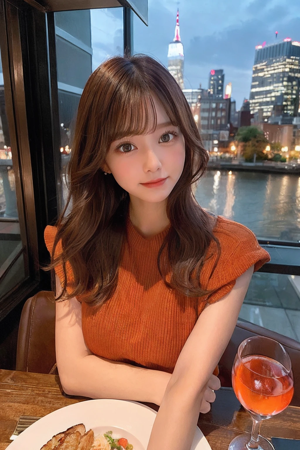 Best Category - Visual Arts: 23 year old woman with cute eyes, Brown hair、Gazing admiringly at dinner table with mid-haired New York City in the background. The scene is a red and orange color scheme, Gives a warm and lively atmosphere."The highest resolution、、date、Dating a man、Cute clothes、