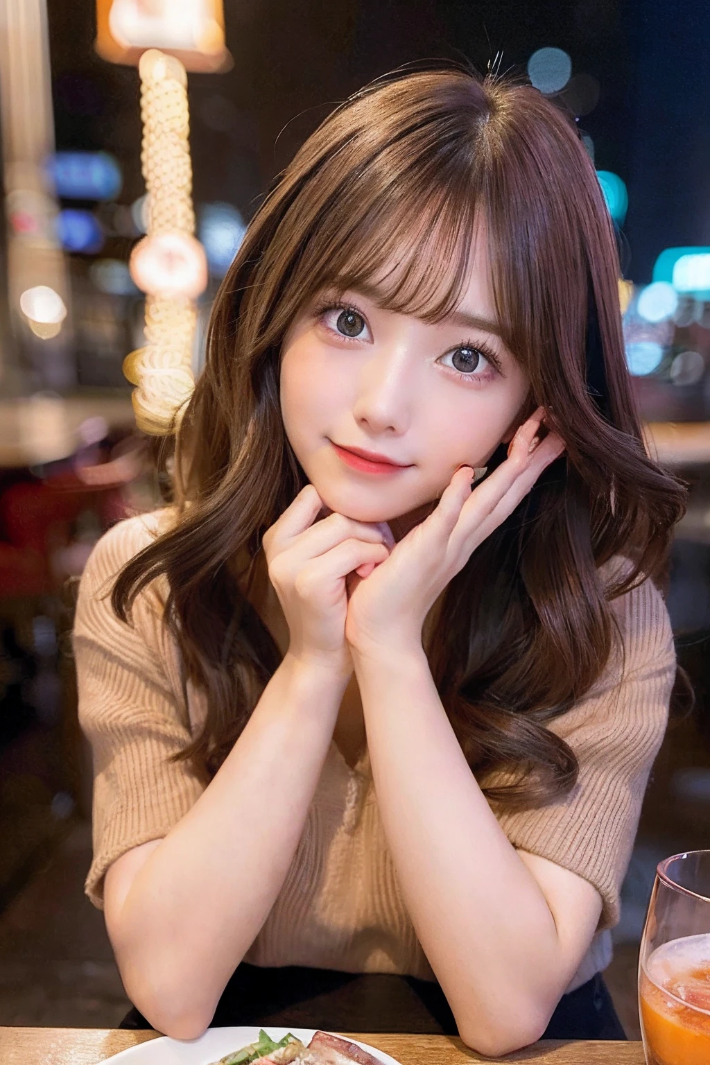 Best Category - Visual Arts: 23 year old woman with cute eyes, Brown hair、Gazing admiringly at dinner table with mid-haired New York City in the background. The scene is a red and orange color scheme, Gives a warm and lively atmosphere."The highest resolution、、date、Dating a man、Cute clothes、