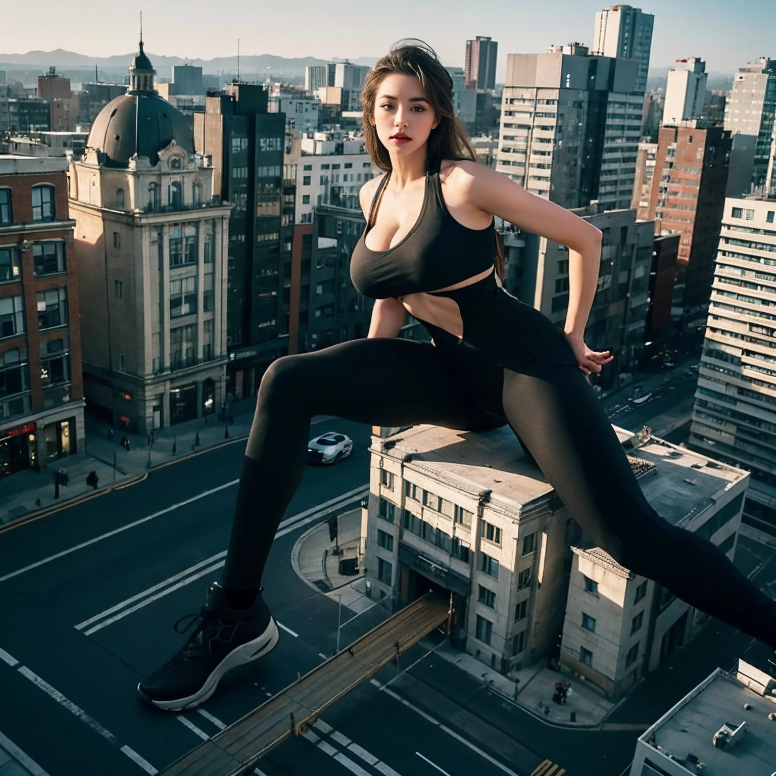 minigiantess,Full body photo,in city, tight gymsuit,100 meters tall,Big breasts,(Long legs:1.2),Extremely tall girl,Beautiful looks,Delicatemakeup,Perfect lighting,Cinematic quality,8K,High quality,(GTS:1.5),Step on the roof with one foot,One foot on the building,Aerial view