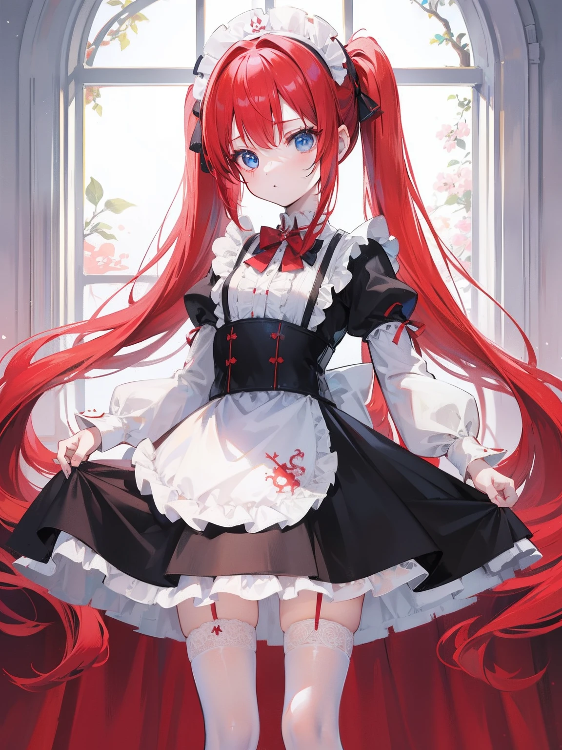 red hair,blue eyes,twintails,maid, long hair, long sleeves, gothic, solo, loli,Short skirt, white stockings,{{best quality}}, {{masterpiece}}, {{ultra-detailed}}, {illustration}, {detailed light}, {an extremely delicate and beautiful}, girl,cute,dragon horns