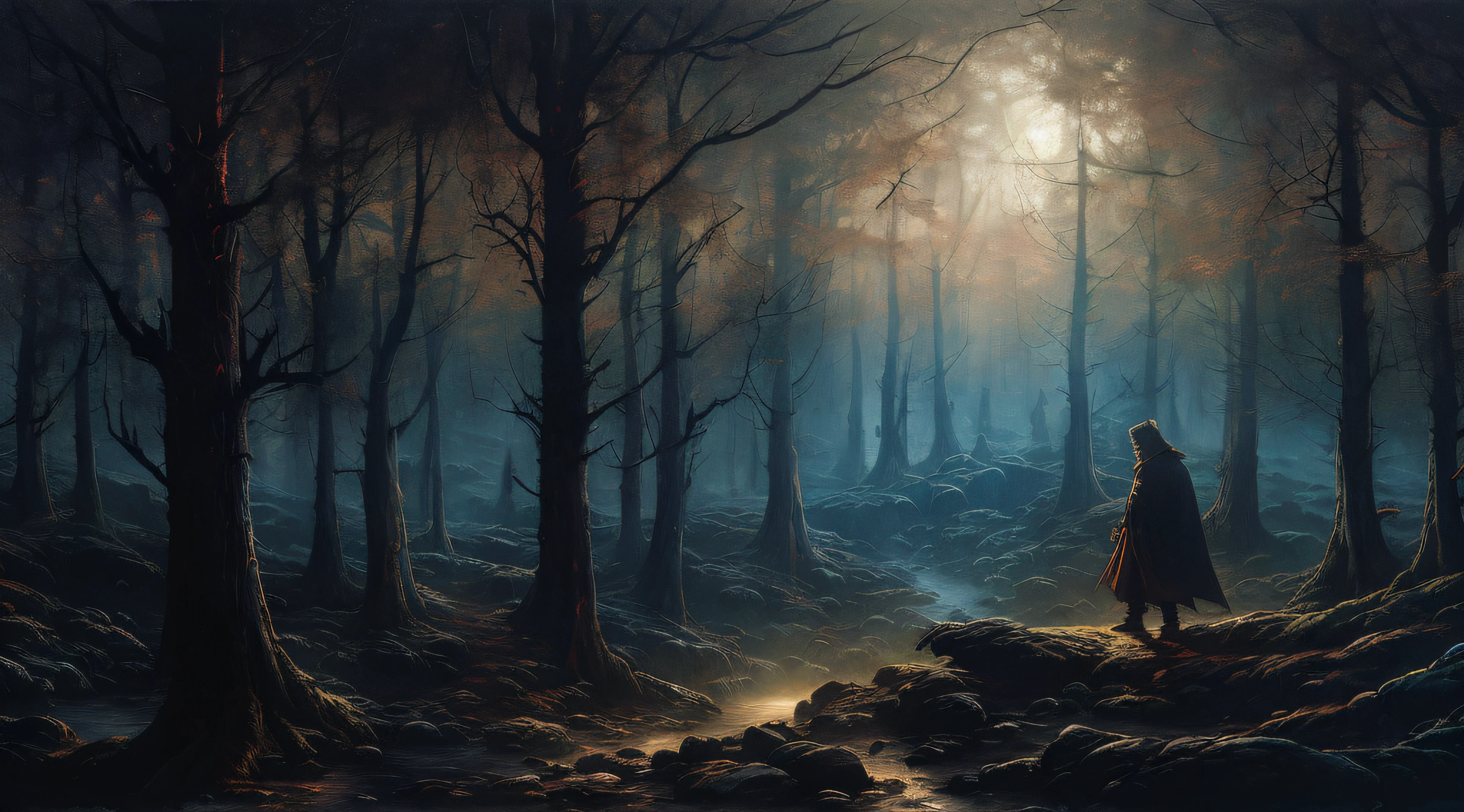 Painting of a man in a robe standing in a dark forest, pintura de fantasia fosca grimdark, arte de fundo, Stefan Koidl inspirado, Beksinski e Dan Mumford, kramskoi 4 mil, inspirado em Jakub Schikaneder, Dan Mumford Tom Bagshaw, dark fantasy oil painting, arte de estilo fantasia escura, El Bosco e Dan Mumford