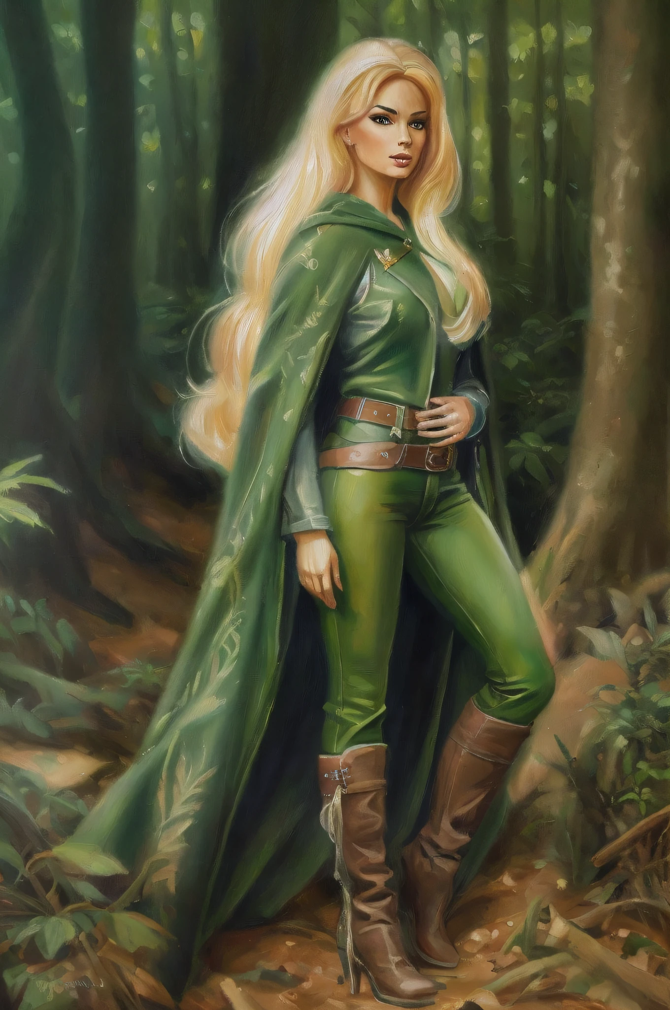 an oil painting of Barbie as fantasy ranger, ultra detailed face, ultra feminine, wearing green cloak, green pants, high heeled boots, in  a forest, D&D art, RPG art, ultra best realistic, best details, best quality, 16k, [ultra detailed], masterpiece, best quality, (extremely detailed), ultra wide shot, photorealism, depth of field, hyper realistic painting