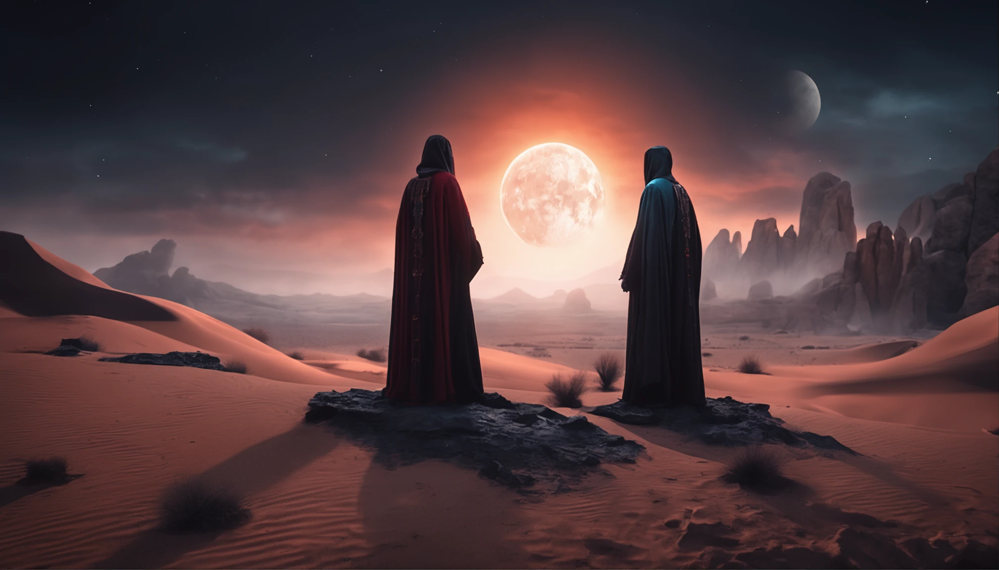 High-definition and detailed picture quality，A mysterious desert，A majestic altar rises，The height of the altar is striking。The sky is dark and mysterious，The moon shimmers red，Illuminates the earth。On the altar stood a priest in a black linen robe，Hands up，The face is covered by robes。Mysterious ruins are scattered throughout the desert。The forces of darkness oppress，Look up at this scene from a first-person perspective。