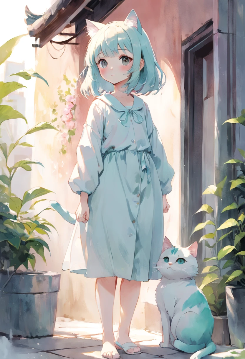 cat, fullbody,1 girl,
(pastel color:1.5),(cute illustration:1.5),(watercolor:1.2),white back ground,