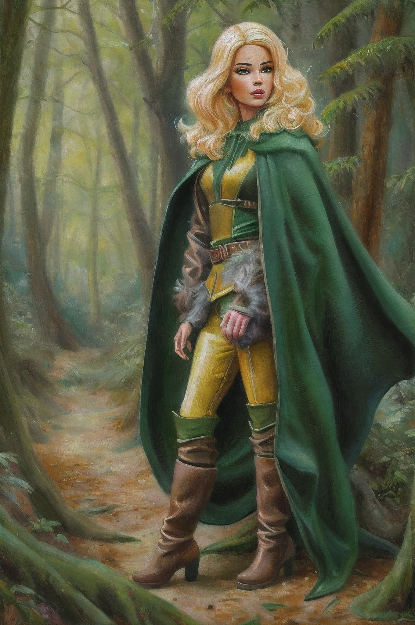 an oil painting of Barbie as fantasy ranger, ultra detailed face, ultra feminine, wearing green cloak, green pants, high heeled boots, in  a forest, D&D art, RPG art, ultra best realistic, best details, best quality, 16k, [ultra detailed], masterpiece, best quality, (extremely detailed), ultra wide shot, photorealism, depth of field, hyper realistic painting
