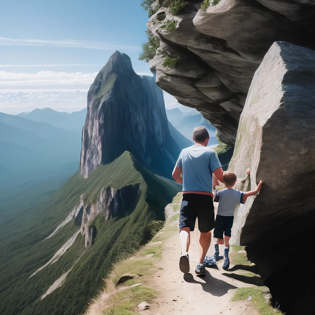 Dad took his son by the hand to climb the mountain