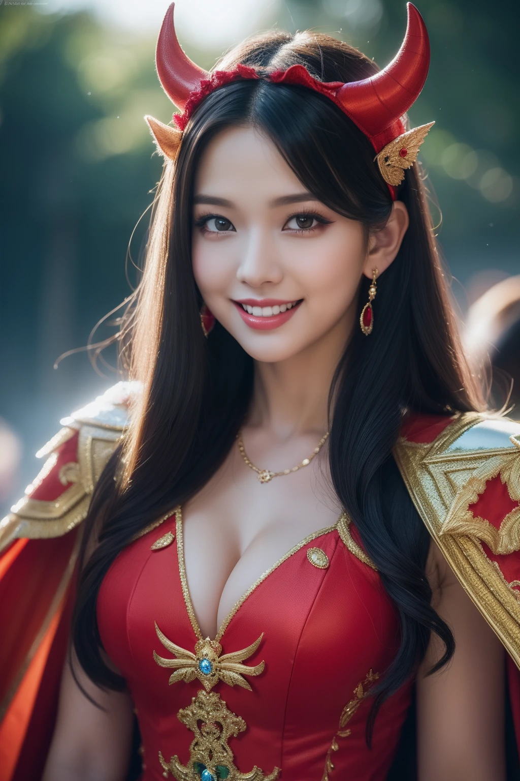 depth of field, cinematic lighting, reflection light, ray tracing, UHD, best quality, award winning, textured skin, masterpiece，realistic,female,kind smile,Professional,extreme detail description,Bokeh,physically-based rendering,HDR,UHD,8K,candy costume,sweet motifs,devil costume, red cape, pitchfork, mischievous allure, costume party,