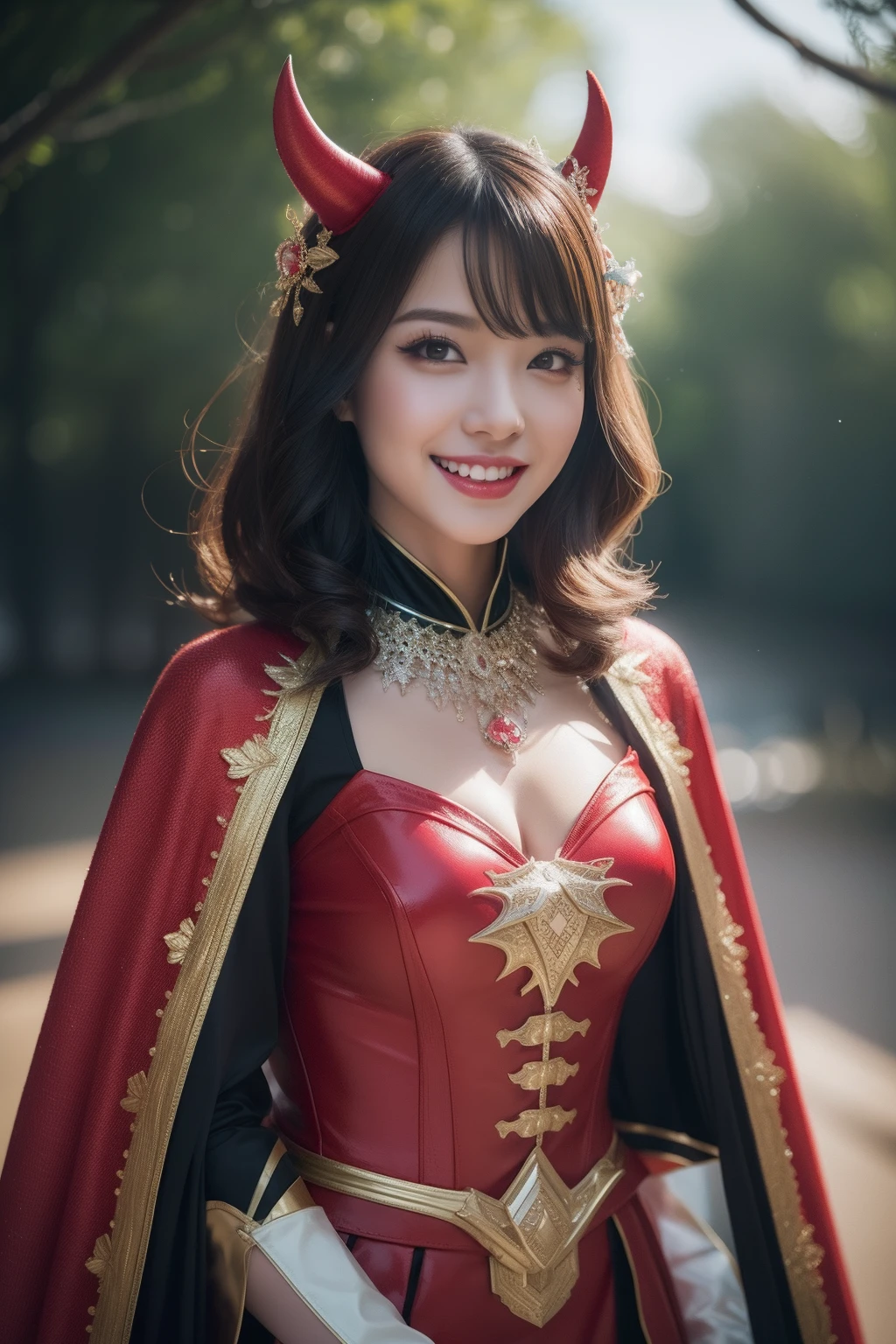 depth of field, cinematic lighting, reflection light, ray tracing, UHD, best quality, award winning, textured skin, masterpiece,realistic,female,kind smile,Professional,extreme detail description,Bokeh,physically-based rendering,HDR,UHD,8K,candy costume,sweet motifs,devil costume, red cape, pitchfork, mischievous allure, costume party,