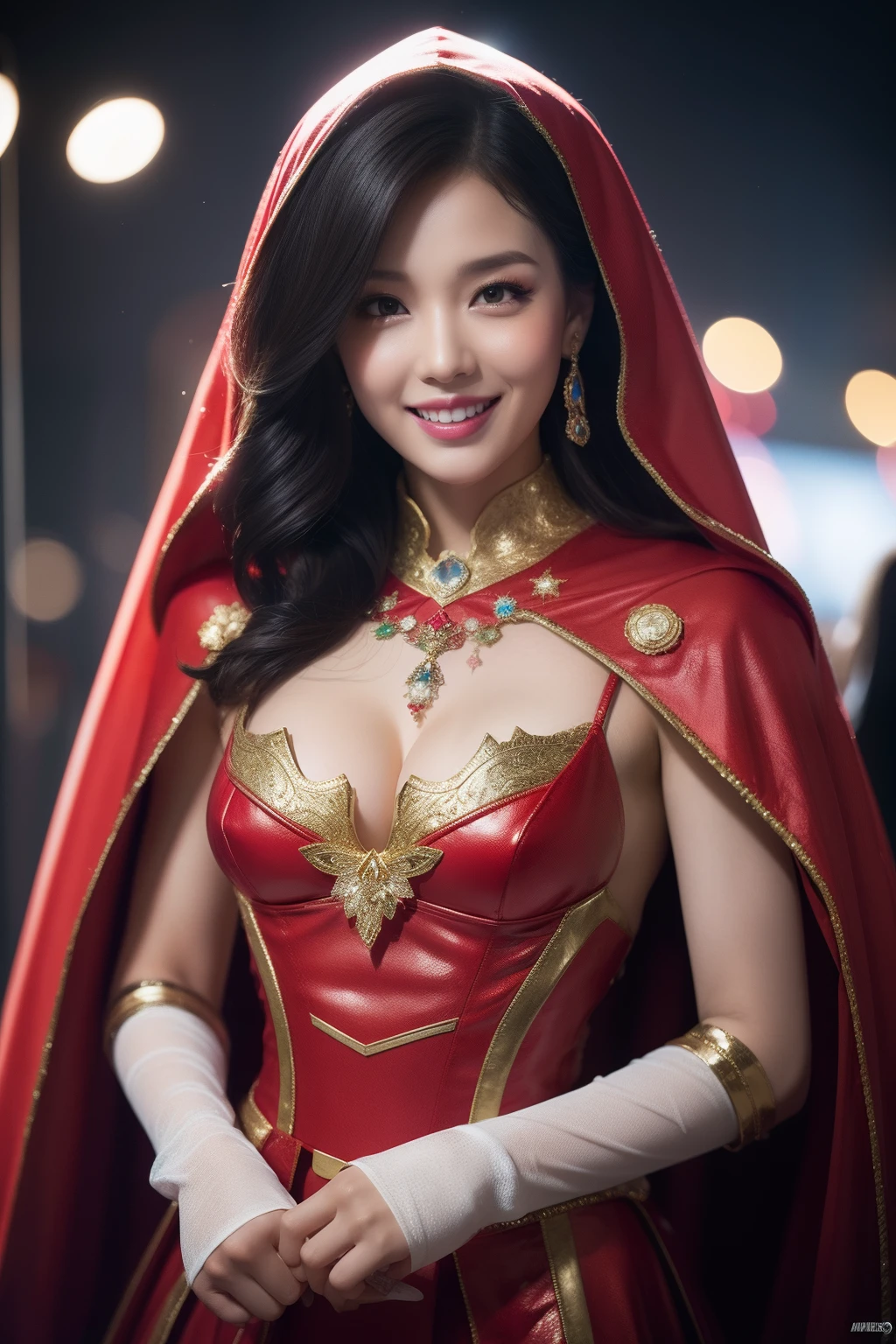 depth of field, cinematic lighting, reflection light, ray tracing, UHD, best quality, award winning, textured skin, masterpiece,realistic,female,kind smile,Professional,extreme detail description,Bokeh,physically-based rendering,HDR,UHD,8K,candy costume,sweet motifs,devil costume, red cape, pitchfork, mischievous allure, costume party,