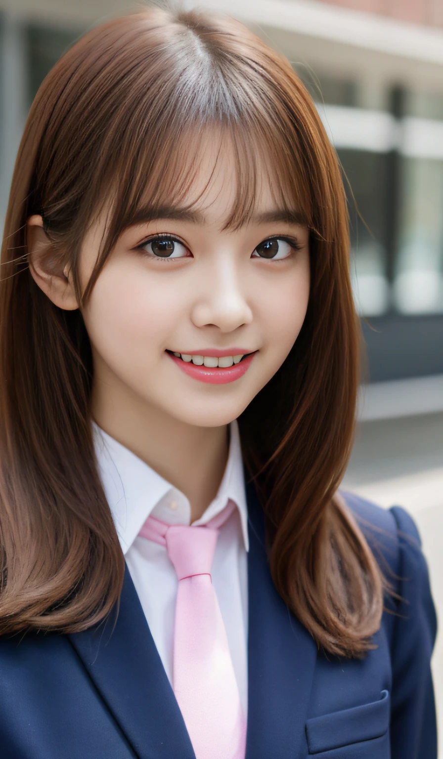 Angelic Very beautiful cute girl,
Beautiful detailed eyes,
Detailed double eyelids,
(Large eyes:1.3),long eyelashes,
see-through bangs,
(beautiful detailed face and eyes:1.4),
small nose,
small mouth,
Beautiful long hair,
happy smiling with visible teeth,
(Best Quality:1.2),
Raw photo,
High resolution,
perfect detail,
Professional Photography, FULL BODYSHOT,Professional Lighting,BREAK has big round breasts、student clothes、neck tie、Tie Ribbon、blazers、a short skirt,Walking,Beautiful legs, In the city,Brown hair,