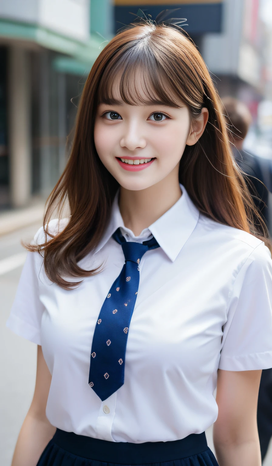 (masterpiece:1.2, top-quality), (realistic, photorealistic:1.4), beautiful illustration, (natural side lighting, movie lighting), ,
looking away, (face focus, upper body, front view:0.6), 1 girl, high school girl, japanese, perfect face, perfect anatomy, cute and symmetrical face, (round face), shiny skin,
(long hair:1.6, hime cut:1.5, black hair), blunt bangs, blue eyes, big eyes, long eye lasher, (medium breasts),
beautiful hair, beautiful face, beautiful detailed eyes, beautiful clavicle, beautiful body, beautiful chest, beautiful thigh, beautiful legs, beautiful fingers,
(((navy blazer:1.2, navy pleated mini skirt), closed blazer, gray bow tie, white collared shirts), black thigh-highs),
(beautiful scenery), depth of field, morning, (school yard), standing, (hands on own chest), (lovely smile, open mouth), expressionless