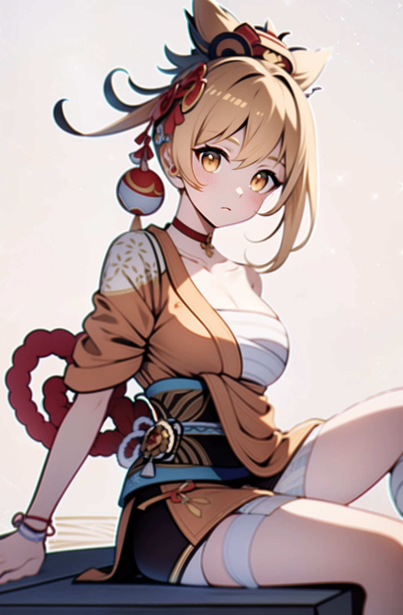 fireworks pattern white, background,yoimiya from genshin impact, casual outfit, facing sideway, sitting, circle in the middle,