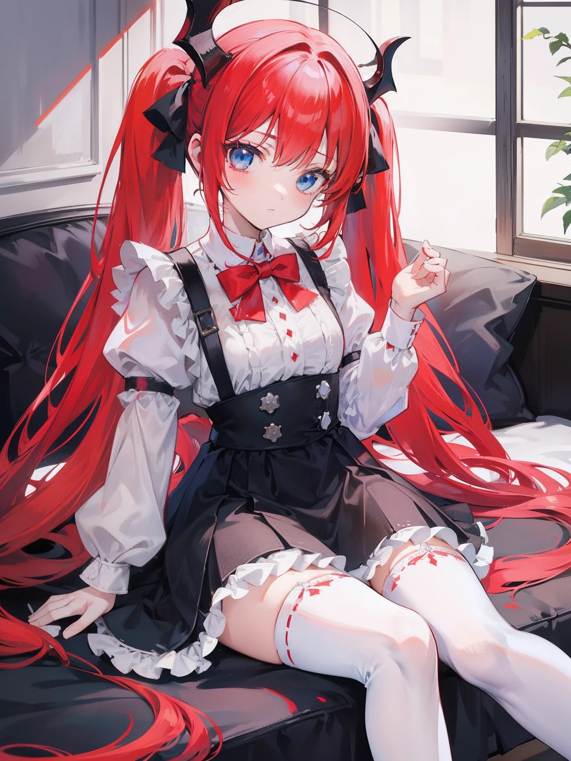 red hair,blue eyes,twintails,maid, long hair, long sleeves, gothic, solo, loli,Short skirt, white stockings,{{best quality}}, {{masterpiece}}, {{ultra-detailed}}, {illustration}, {detailed light}, {an extremely delicate and beautiful},little girl,cute,dragon horns