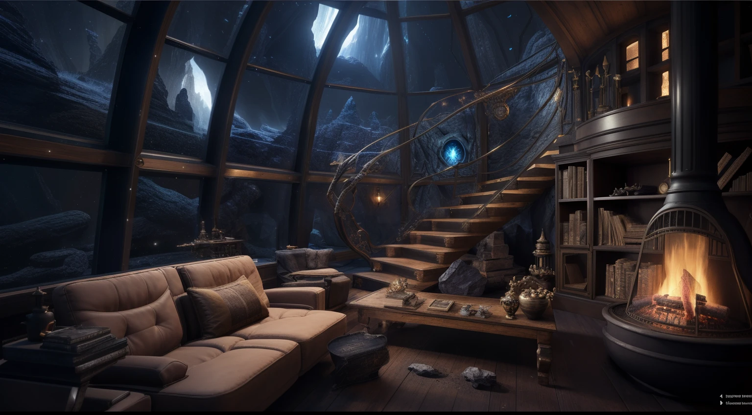 Araffed living room with fireplace and stairs, cozy place, surreal sci fi set design, cinematic render unreal engine, Unreal Engine renders concept art, rendered in unreal 5, illusory engine ; romantic motifs, unreal 5 engine highlly render, Masking Paint Unreal Engine, cozy environment, movie environment design, unreal 5 engine render, 8 K high detail concept art