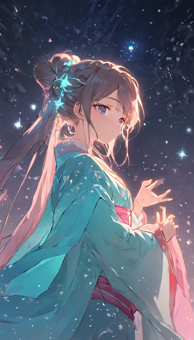 (best qualtiy，tmasterpiece), Beautiful teenage girl, Beautiful goddess, ((period costume, Hanfu, One shoulder)), Beautiful hair accessories, the night, starrysky, cold light, (In pink, cyan colors, white colors), ((From below)), ((full bodyesbian)), ((Realistic))
