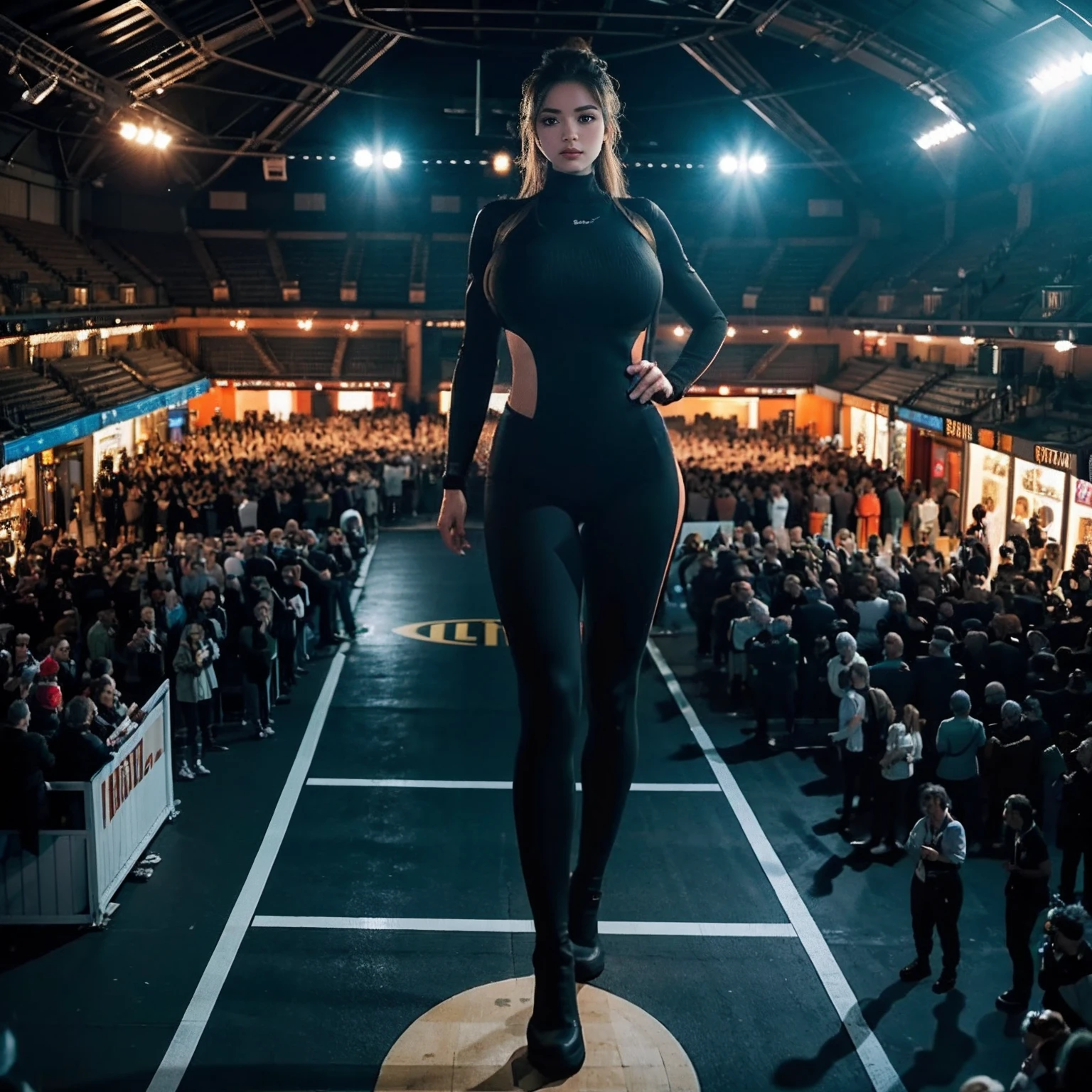 minigiantess，Full body photo，Standing in the crowd， tight gymsuit，3 meters tall,Big breasts，(Long legs:1.2),Extremely tall girl，Beautiful looks，Delicatemakeup，Perfect lighting，Cinematic quality，8K,High quality,(GTS:1.5),Aerial view