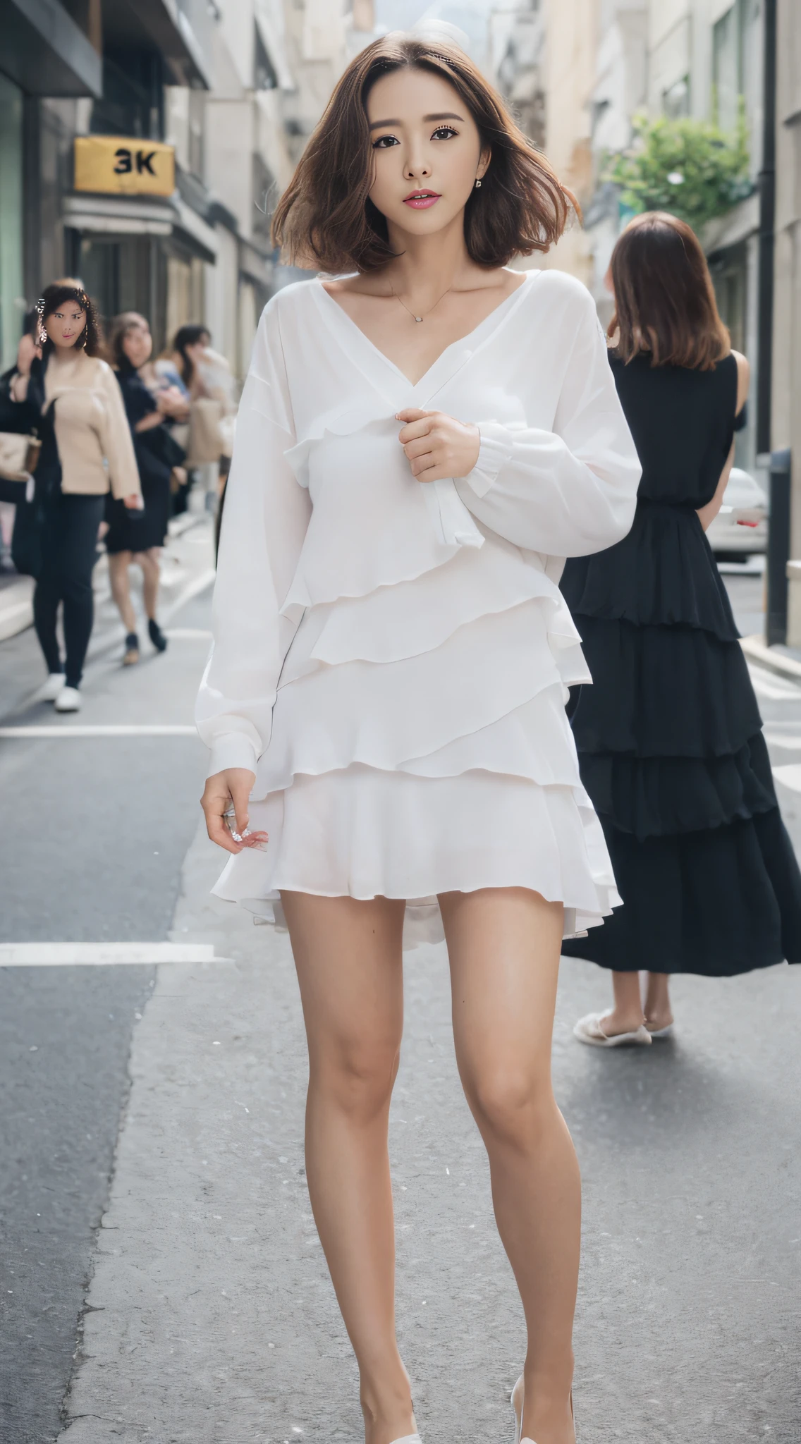 ((top-quality、8K、masterpiece:1.3))、Focus:1.2、Perfect Body Beauty:1.4、s ass:1.2、((Layered Haircut、breastsout:1.2))、(Wet clothes:1.1)、(Sateen、Street:1.3)、Bandeau Dress:1.1、Highly detailed facial and skin texture、Delicat eyes、二重まぶた、Whitened skin、length hair、beauty legs