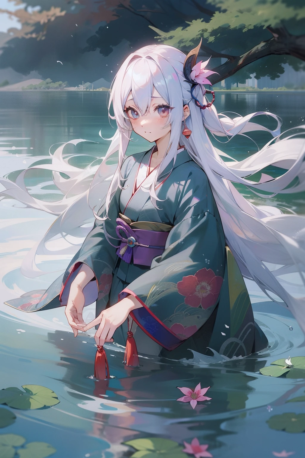 {{masutepiece}},{{high-level image quality}},Descendants of dragons、In the middle of the lake、Kimono、White hair、Long hair on the surface of the water、Okunoya、Water Manipulative Witchcraft、Hair is not tied、Hair that flutters in the wind、