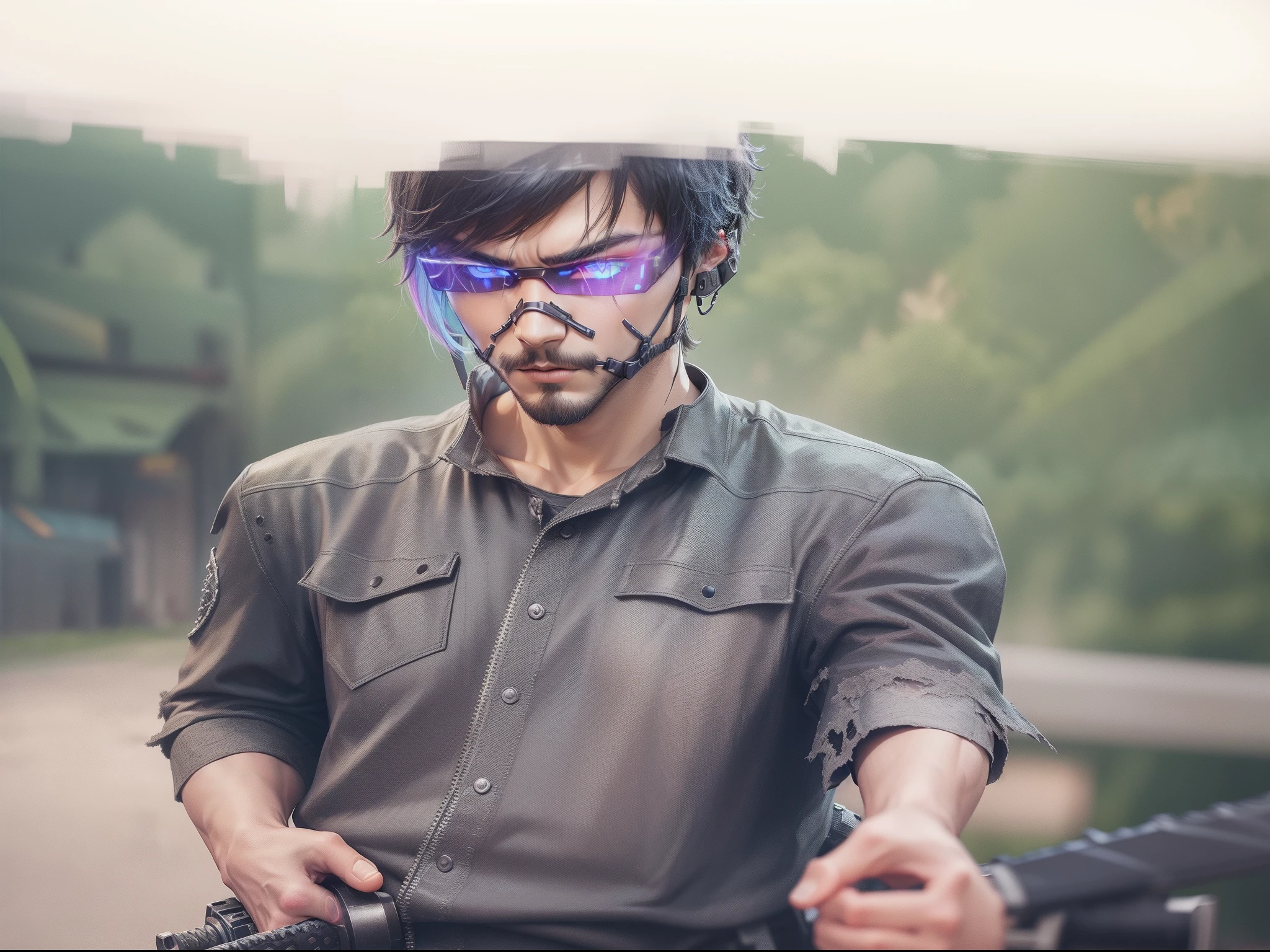 (best quality) (extra high definition) man with neon mask, dark style, black titanium armor blue details, looking at you, sword in hand, cyberpunk city