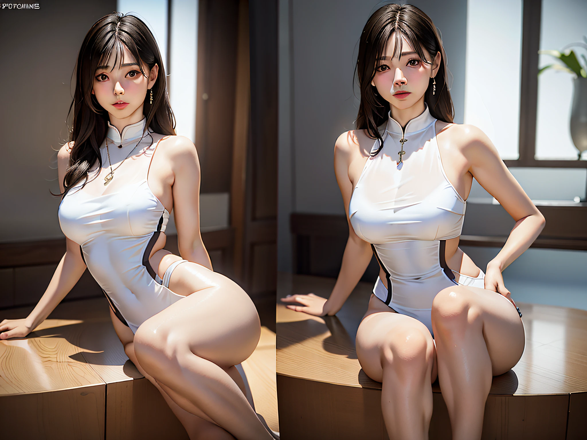 There was a woman sitting at the table，Wearing a necklace, photorealistic perfect body, trending on cgstation, Smooth translucent white skin, Smooth anime CG art, Smooth white high-forked cheongsam，[ 4 K photorealism ]!!, [ 4 K photorealism ]!!!