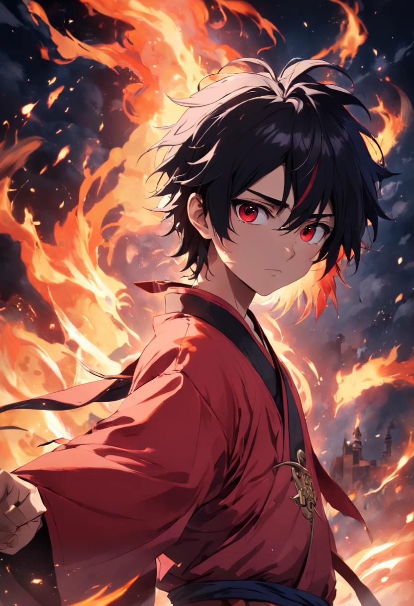 tmasterpiece,best qualtiy,cinematic Film still from,1boy,full bodyesbian,Side Body,brightly,(Spark 0.7),Black-haired boy ,looking toward the viewer,Fire-red robe,Red pupils,Holding a long purple knife
