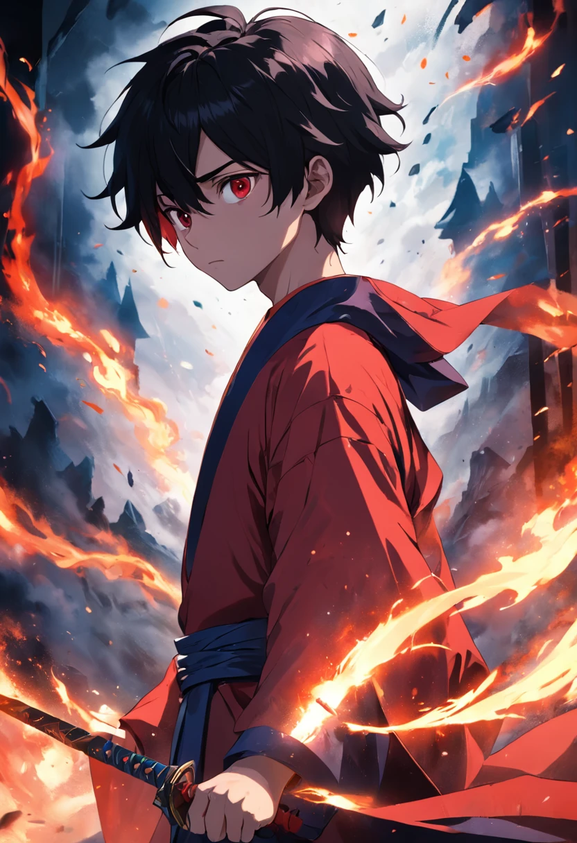 tmasterpiece，best qualtiy，cinematic Film still from，1boy，full bodyesbian，Side Body，brightly，（Spark 0.7），Black-haired boy ，looking toward the viewer，Fire-red robe，Red pupils，Holding a long purple knife