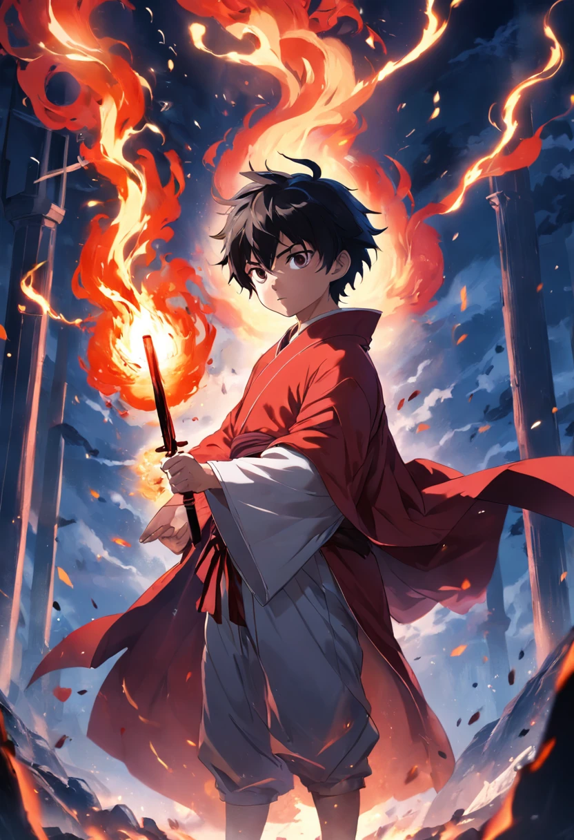 tmasterpiece,best qualtiy,cinematic Film still from,1boy,full bodyesbian,Side Body,brightly,(Spark 0.7),Black-haired boy ,looking toward the viewer,Fire-red robe,Red pupils,Holding a long purple knife