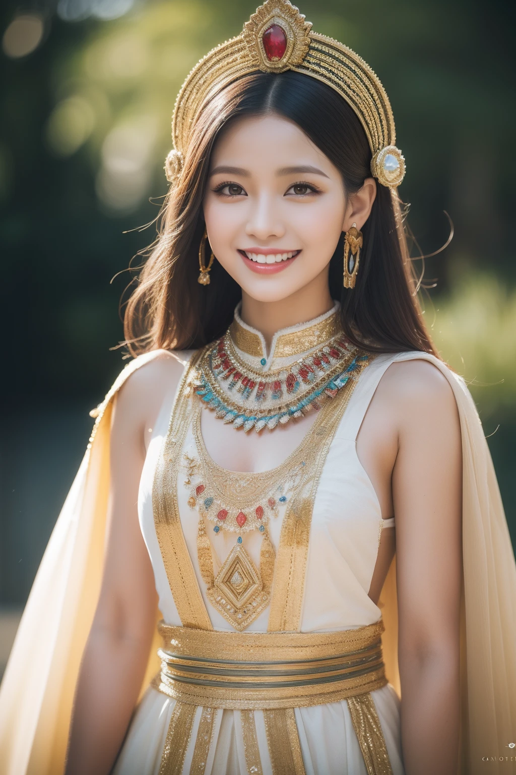 depth of field, cinematic lighting, reflection light, ray tracing, UHD, best quality, award winning, textured skin, masterpiece，realistic,female,kind smile,Professional,extreme detail description,Bokeh,physically-based rendering,HDR,UHD,8K,candy costume,sweet motifs,egyptian costume, pharaoh headdress, flowing robes, historical reenactment,