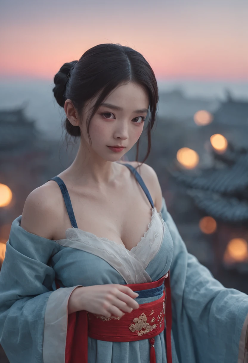 in a panoramic view,magic realism, anime big breast,Masterpiece, hyper HD, Super detail, High details, Best quality, A high resolution, A high resolution, Award-Awarded, Award-Awarded, Anatomically correct, 8K,),(full moon,holding hands in the moonlight,Peaceful night sky in the background,Traditional romance, xianxia fantasy, Chinese fantasy, beautiful moonlight night, Chinese style, moonlit night dreamy atmosphere),(Boy in blue and anime girl in red dress:1.5,Delicate girl,beuaty girl,Chinese Hanfu,inspired by Leng Mei,Romantic atmosphere:1.5,Cinematic lighting,Chinese premium color scheme), One shoulder bare, Huge bust,Bare chest, 乳溝,japanaese girl, old , Thin face, Small stature,, Slim waist, full bodyesbian,